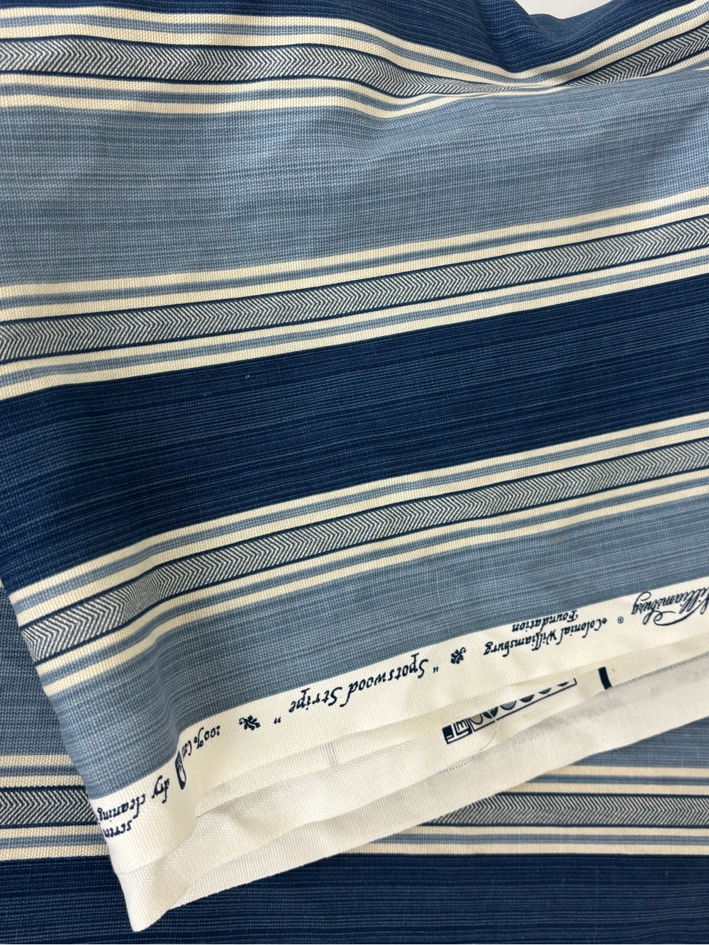 Vintage Williamsburg Spotswood Stipe/Porcelain/Blue & Cream Fabric/9+yds uncut